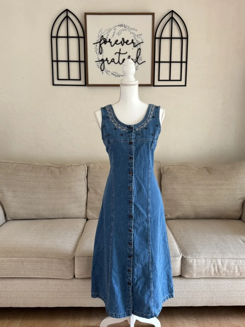 Vintage Christopher & Banks Embroidered Denim Button-Front Midi Dress Size 10